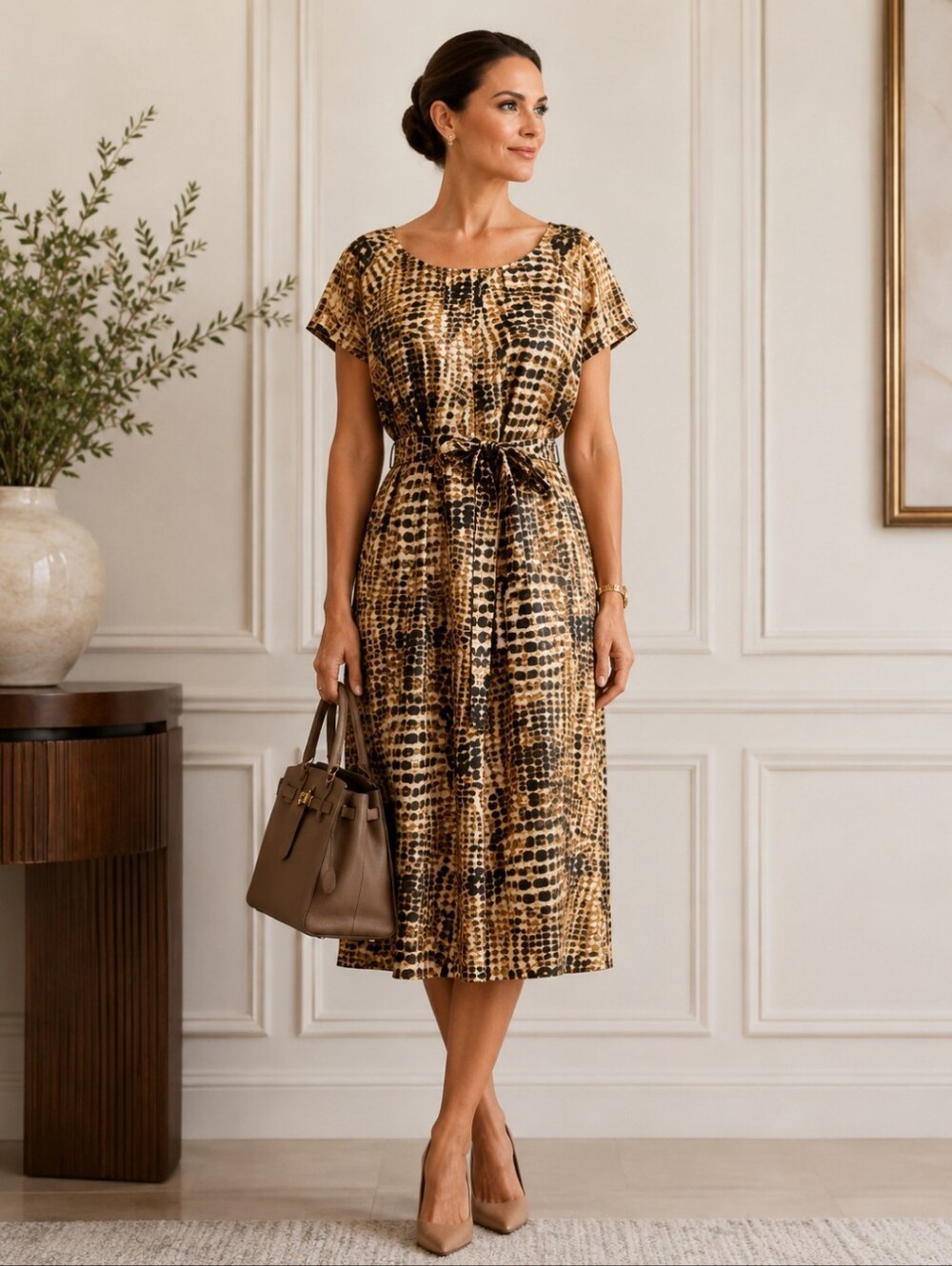 Calvin Klein Brown Animal Print Belted Office Siren Old Money Dress Sz 12